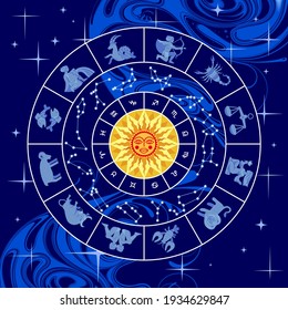 Circle with zodiac signs, constellations, yellow sun and abstract blue background. Calendar cover design. Colorful vector illustration in flat style