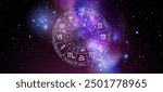 Circle with Zodiac Signs on Colorful Starry Space Background. Vector Illustration