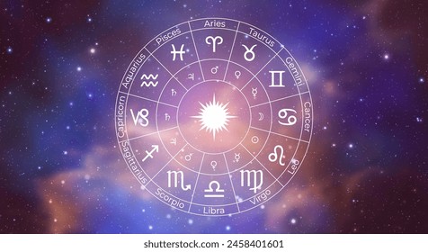 Circle with Zodiac Signs on Colorful Starry Space Background. Vector Illustration