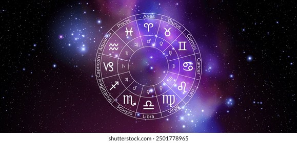 Circle with Zodiac Signs on Colorful Starry Space Background. Vector Illustration