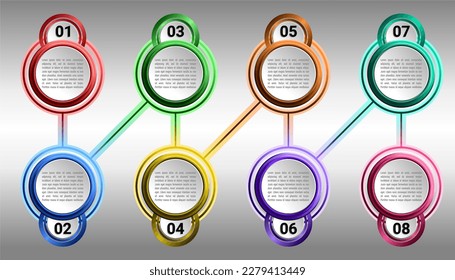 A circle-based timeline with 8 steps that uses design elements. Layout, diagrams, processes for business beginning can all be used as part of a presentation template using a a business concept
