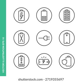 Círculo, batería e iconos de energía. Colección de Elementos de símbolo de línea delgada.