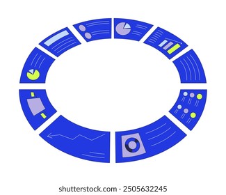 Circled analytics reports 2D cartoon object. Circular business analysis charts graphs isolated flat vector element white background. Circle dashboard. Market research color spot illustration