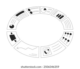 Circled analytics reports black and white 2D line object. Circular business analysis charts graphs isolated vector outline item. Circle dashboard. Market research monochromatic flat spot illustration