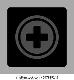 Circled Cross vector icon. Style is flat rounded square button, gray and black colors, silver background.
