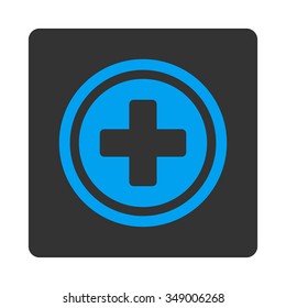 Circled Cross vector icon. Style is flat rounded square button, blue and gray colors, white background.