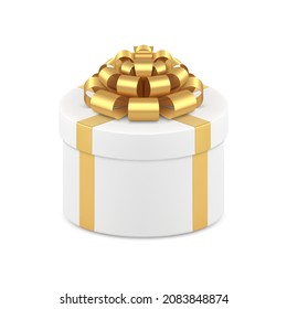 Circled elegant white gift box decorated by golden bow ribbon vector illustration. Realistic tenderness holiday present package storage congrats with best feeling isolated