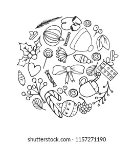 Circled frame composed of Christmas objects.Hand drawn elements, sketched christmas tree, pudding, stocks, mistletoe, candle and Santa’s beard. Vector Illustration. 
