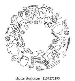 Circled frame composed of Christmas objects.Hand drawn elements, sketched christmas tree, pudding, stocks, mistletoe, candle and Santa’s beard. Vector Illustration. 