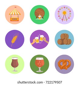 Circled images of food and beer vector illustration on different backgrounds, representing wooden barrels, attractions, food tent, glasses of alcoholic drinks.
