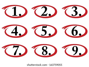 circled numbers, one to nine 