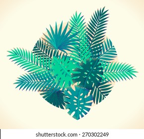 Circled palm leaves bunch. Retro vector illustration