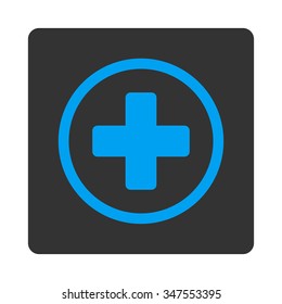 Circled Plus vector icon. Style is flat rounded square button, blue and gray colors, white background.