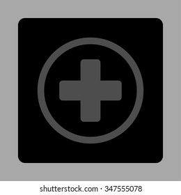 Circled Plus vector icon. Style is flat rounded square button, gray and black colors, silver background.