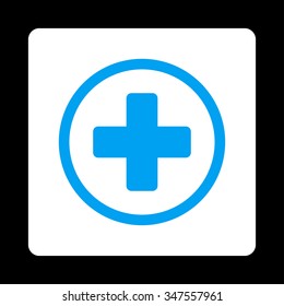 Circled Plus vector icon. Style is flat rounded square button, blue and white colors, black background.