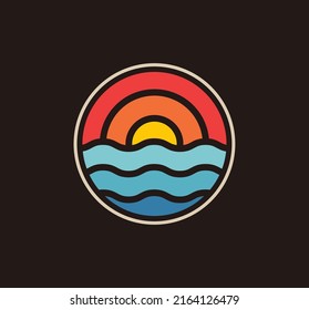 Circled sun above the sea summer logo or badge design template isolated on black background. Vector illustration