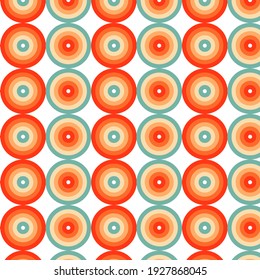 Círculos de los años 70. Naranja, rojo, azul, abedul. Textil. Baner.Pattern . Antecedentes. Vector. 