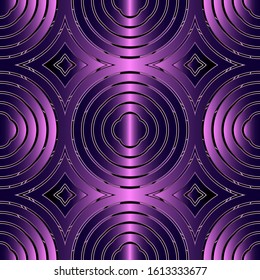 Kreise abstrakte 3D-Vektorillustration nahtlose Muster. Geometrischer violetter Hintergrund. Moderne symmetrische Kreise formen den Hintergrund. Oberflächenkreise verzierend. Dekoratives Dekor glänzend. Endlose metallische Textur.
