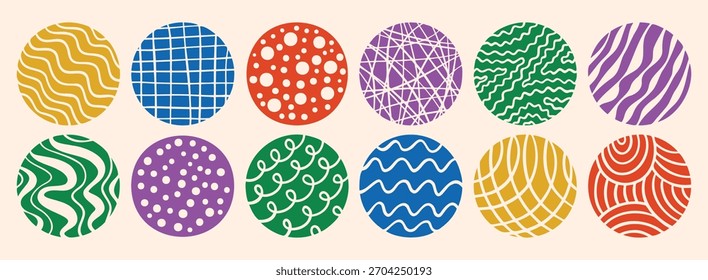 Círculos Fondos o patrones de colores abstractos. Formas redondas de doodle dibujadas a mano. manchas, gotas, curvas y líneas. Elementos de moda modernos contemporáneos. Ilustración vectorial