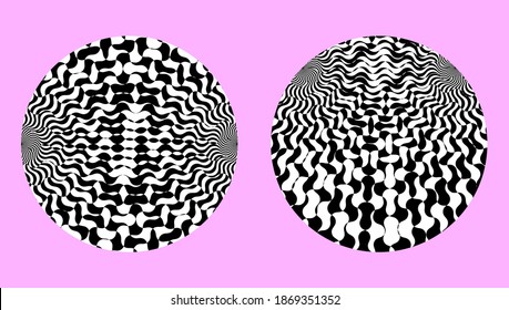 Circles with abstract patterns with optical illusion. Vector, op art elements, isolated on purple background.