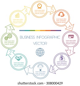 Circles with arrow Infographic Cyclic Process from colourful lines with text areas on eight positions 