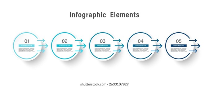 Círculos con Plantilla de infografía de Vector de flecha. Cinco pasos del proceso, cronograma o instrucciones paso a paso