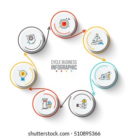 Circles with arrows strokes for infographic. Template for cycle diagram, graph, presentation and chart. Business concept with 7 options, parts, steps or processes. Outline icons.