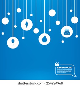 Circles background with lines. Birthday party icons. Cake with ice cream signs. Air balloon with rope symbol. Icons tags hanged on the ropes. Vector