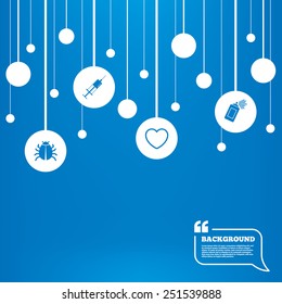 Circles background with lines. Bug and vaccine syringe injection icons. Heart and spray can sign symbols. Icons tags hanged on the ropes. Vector