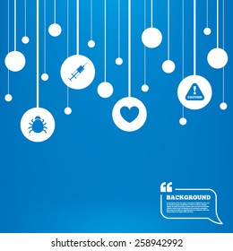 Circles background with lines. Bug and vaccine syringe injection icons. Heart and caution with exclamation sign symbols. Icons tags hanged on the ropes. Vector