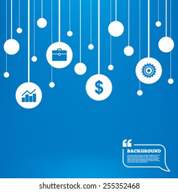 Circles background with lines. Business icons. Graph chart and case signs. Dollar currency and gear cogwheel symbols. Icons tags hanged on the ropes. Vector