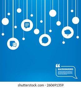 Circles background with lines. Chat icons. Comic speech bubble signs. Communication think symbol. Icons tags hanged on the ropes. Vector