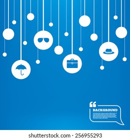 Circles background with lines. Clothing accessories icons. Umbrella and sunglasses signs. Headdress hat with business case symbols. Icons tags hanged on the ropes. Vector