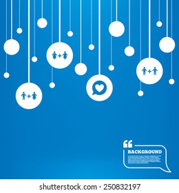 Circles background with lines. Couple love icon. Lesbian and Gay lovers signs. Romantic homosexual relationships. Speech bubble with heart symbol. Icons tags hanged on the ropes. Vector