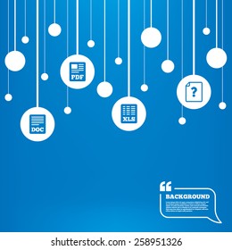 Circles background with lines. File document and question icons. XLS, PDF and DOC file symbols. Download or save doc signs. Icons tags hanged on the ropes. Vector