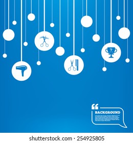 Circles background with lines. Hairdresser icons. Scissors cut hair symbol. Comb hair with hairdryer symbol. Barbershop winner award cup. Icons tags hanged on the ropes. Vector
