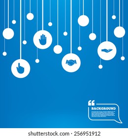 Circles background with lines. Hand icons. Handshake successful business symbol. Click here press sign. Human helping donation hand. Icons tags hanged on the ropes. Vector