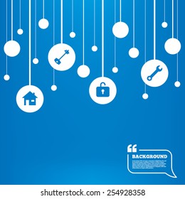 Circles background with lines. Home key icon. Wrench service tool symbol. Locker sign. Main page web navigation. Icons tags hanged on the ropes. Vector