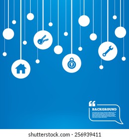 Circles background with lines. Home key icon. Wrench service tool symbol. Locker sign. Main page web navigation. Icons tags hanged on the ropes. Vector