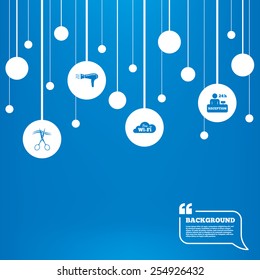 Circles background with lines. Hotel services icons. Wi-fi, Hairdryer in room signs. Wireless Network. Hairdresser or barbershop symbol. Reception registration table. Icons tags hanged on the ropes.