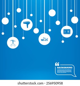 Circles background with lines. Hotel services icons. Wi-fi, Hairdryer and deposit lock in room signs. Wireless Network. Hairdresser or barbershop symbol. Icons tags hanged on the ropes. Vector