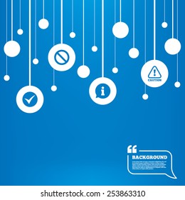 Circles background with lines. Information icons. Stop prohibition and attention caution signs. Approved check mark symbol. Icons tags hanged on the ropes. Vector