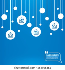 Circles background with lines. Mail envelope icons. Find message document symbol. Post office letter signs. Inbox and outbox message icons. Icons tags hanged on the ropes. Vector