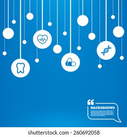 Circles background with lines. Maternity icons. Pills, tooth, DNA and heart cardiogram signs. Heartbeat symbol. Deoxyribonucleic acid. Dental care. Icons tags hanged on the ropes. Vector