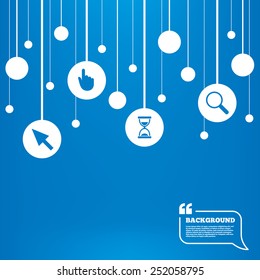 Circles background with lines. Mouse cursor and hand pointer icons. Hourglass and magnifier glass navigation sign symbols. Icons tags hanged on the ropes. Vector