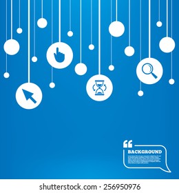 Circles background with lines. Mouse cursor and hand pointer icons. Hourglass and magnifier glass navigation sign symbols. Icons tags hanged on the ropes. Vector