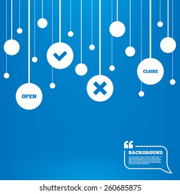 Circles background with lines. Open and Close icons. Check or Tick. Delete remove signs. Yes correct and cancel symbol. Icons tags hanged on the ropes. Vector