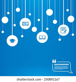 Circles background with lines. Pencil with document and open book icons. Graduation cap symbol. Higher education learn signs. Icons tags hanged on the ropes. Vector