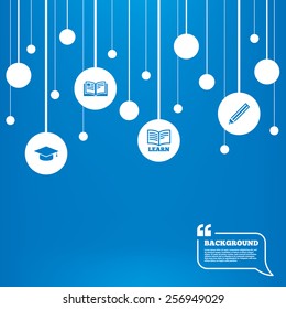 Circles background with lines. Pencil and open book icons. Graduation cap symbol. Higher education learn signs. Icons tags hanged on the ropes. Vector