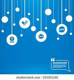 Circles background with lines. Quiz icons. Speech bubble with check mark symbol. Explosion boom sign. Icons tags hanged on the ropes. Vector